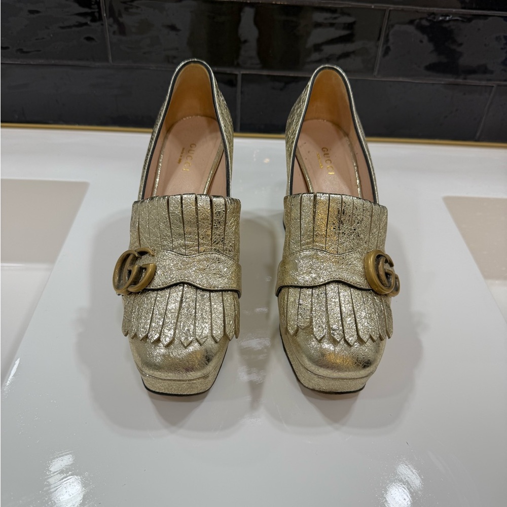 Gucci Marmont Platform Pump Gold Fringe 37.5